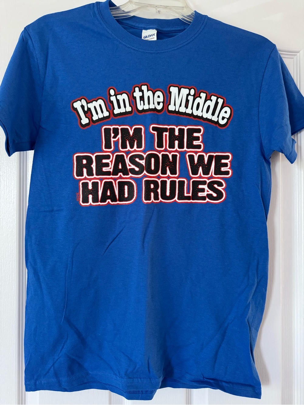 Funny Middle Child Graphic Tee I'm The Reason We Had Rules Blue T-Shirt Small